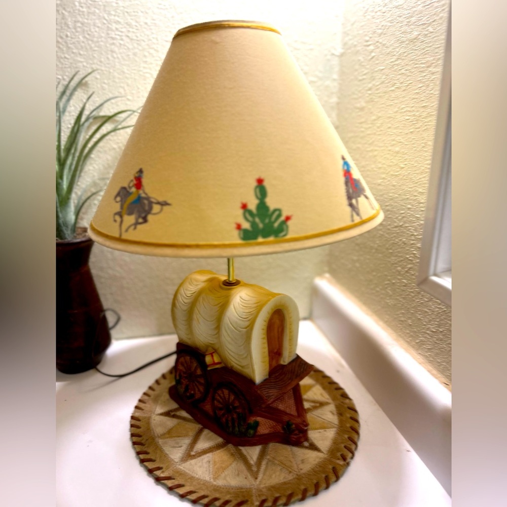 Western Wagon Table Lamp with Beige Shade